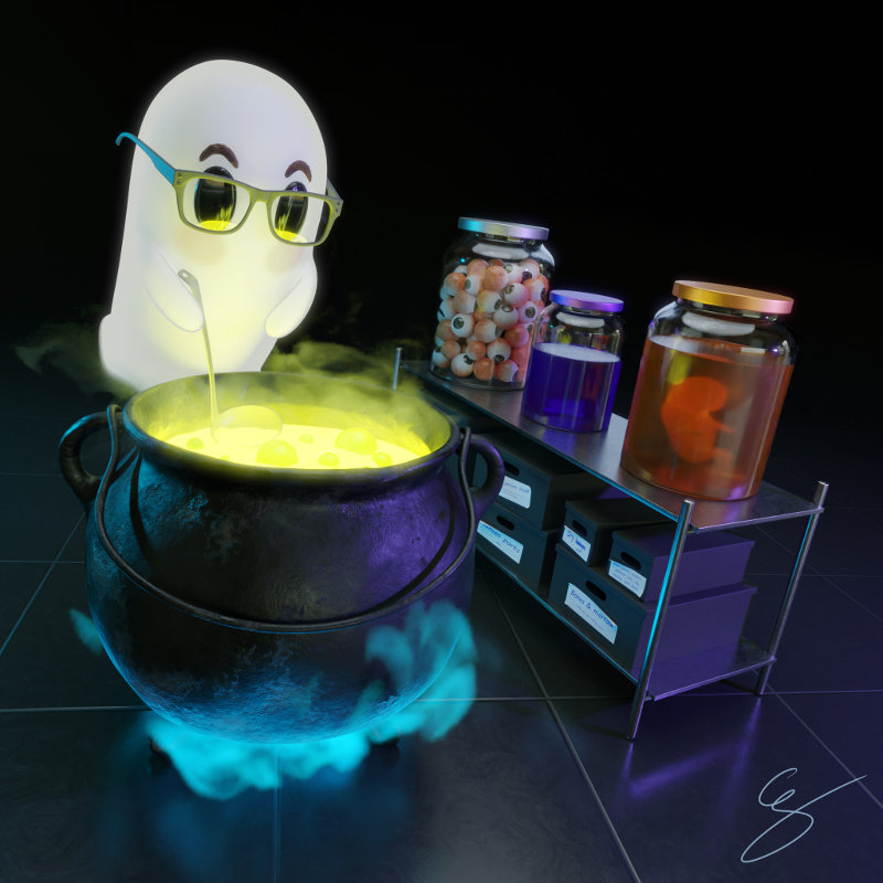 Escena 3D que vaig fer per Halloween el 2020. En Ghostie, un fantasma amb ulleres, prepara una misteriosa i fumejant poció verda fluorescent.